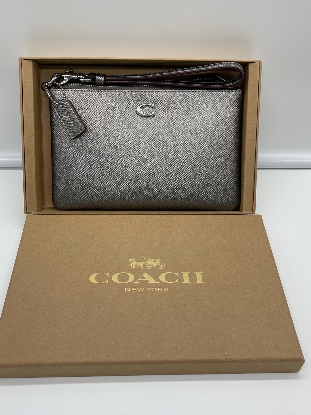 COACH Metallic Silver Wristlet with Signature C Charm Bag Wallet Purse NWT